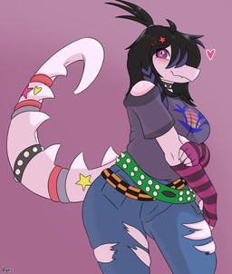 accessory alternative_fashion anthro armwear big_breasts black_hair bottomwear breasts clothed clothed_anthro clothed_female clothing collar denim denim_bottomwear denim_clothing elbow_gloves female front_view furgonomics gloves grey_clothing grey_shirt grey_topwear hair hair_over_eye handwear heart_symbol highlights_(coloring) jeans looking_at_viewer non-mammal_breasts pants pattern_clothing pattern_gloves pattern_handwear pink_background pose purple_eyes purple_hair shirt shy simple_background smile solo spiked_collar spiked_tail spikes spikes_(anatomy) standing striped_clothing striped_gloves striped_handwear stripes tail tail_accessory tailband text topwear torn_bottomwear torn_clothing torn_pants white_body hyuvevo cavemanon_studios volcaldera_ashfall polly_(volcaldera_ashfall) cretaceogekko gecko lizard prehistoric_species reptile scalie absurd_res artist_name colored hi_res portrait shaded three-quarter_portrait