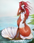 anthro blue_eyes breasts cloud dipstick_tail ear_piercing female hair markings navel nipples nude outside piercing red_hair seashell seaside shell sky solo tail tail_markings water sandro_botticelli vani-fox birth_of_venus vani-fox_(character) canid canine fox mammal red_fox true_fox colored_pencil_(artwork) inspired_by_formal_art mixed_media painting_(artwork) pen_(artwork) traditional_media_(artwork) watercolor_(artwork)