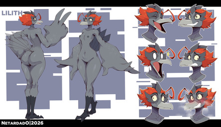 anthro beak big_butt big_hands blush bodily_fluids breasts butt feather_hands feathers female genitals hair red_hair small_breasts small_waist smile solo sweat teeth toothed_beak vulva wide_hips netardado ultraman_(series) lilith_(netardado) kaiju litra_(ultraman) absurd_res hi_res model_sheet