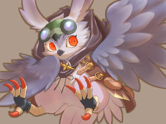 avian_feet beak biped bipedal_feral brown_background cloak clothing feathers feet feral flying front_view headgear headwear looking_aside multicolored_body multicolored_feathers purple_beak purple_body purple_feathers red_eyes simple_background solo talons toes toony two_tone_body two_tone_feathers chikuwaburo yu-gi-oh! yatto_paulu avian bird duel_monster owl 2026 4:3 absurd_res digital_drawing_(artwork) digital_media_(artwork) hi_res shaded soft_shading