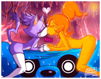 anthro blush bodily_fluids border breast_size_difference breasts butt clothing duo_focus eyes_closed female female/female fire flaming_hair fur gloves group hair hand_holding handwear heart_symbol kiss_on_lips kissing legwear nipples orange_body ponytail pseudo_hair purple_body purple_fur small_breasts sweat thigh_highs white_body white_border white_clothing white_fur white_legwear skajrzombie adventure_time cartoon_network sega sonic_the_hedgehog_(series) blaze_the_cat flame_princess jake_the_dog canid canine canis domestic_cat domestic_dog elemental_creature elemental_humanoid felid feline felis fire_creature fire_humanoid humanoid mammal 2015 crossover digital_media_(artwork) hi_res