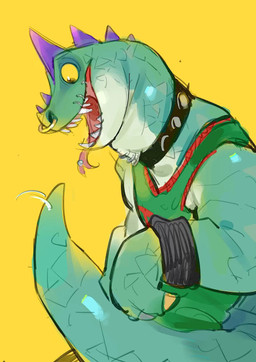 anthro armband basketball_uniform clothed clothing collar facial_piercing green_body green_clothing green_scales green_shirt green_topwear head_spikes looking_at_tail male mouth_piercing multicolored_claws muscular muscular_anthro muscular_male neck_piercing nose_piercing piercing purple_spikes scales shirt simple_background solo spikes spikes_(anatomy) sportswear studded_collar studs tail tail_motion tailwag tongue tongue_out tongue_piercing topwear uniform yellow_background yellow_eyes yellow_sclera christoryyyb goat_(movie) sony_corporation sony_pictures modo_olachenko komodo_dragon lizard monitor_lizard reptile scalie 2026 digital_media_(artwork) hi_res