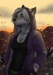 anthro black_body black_fur blue_eyes breasts clothed clothing detailed_background female fur hair jacket multicolored_body multicolored_fur solo topwear two_tone_body two_tone_fur white_body white_fur white_hair tashalisets tasha_lisets canid canine fox mammal hi_res