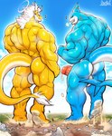 anthro big_muscles big_penis bodily_fluids city cloud cum cum_drip destruction dripping duo genital_fluids genitals glistening glistening_body huge_muscles huge_penis macro male male/male muscular muscular_male penis stomping vein veiny_penis darkai darkai_(character) fish marine shark hi_res