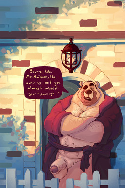 anthro balls beard belly big_belly black_eyebrows body_hair brown_beard brown_facial_hair chest_hair clothed clothing eyebrows facial_hair foreskin front_view genitals humanoid_genitalia humanoid_penis looking_at_viewer male moobs narrowed_eyes obese obese_anthro obese_male open_clothing open_mouth outside overweight overweight_anthro overweight_male penis red_clothing solo speech_bubble standing text white_balls white_penis chocolateandmilk bear mammal polar_bear ursine english_text hi_res