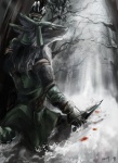 4_fingers armor blood blood_on_ground bodily_fluids breath day fingers grey_eyes headgear helmet holding_object holding_weapon knife male open_mouth outside plant rear_view snow solo tree weapon winter kiki-uma torori mammal sergal 2009 hi_res