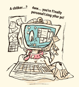 anthro breast_rest breasts choker collar collar_only computer computer_monitor computer_mouse desk electronics female furniture jewelry machine necklace nude objectum office simple_background solo table tan_background text woodhouse3d animate_inanimate computer_virus_(species) living_machine english_text restricted_palette