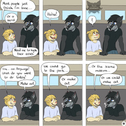 angry anthro black_clothing black_hair black_shirt black_topwear blonde_hair blue_eyes cigarette cigarette_in_mouth clothing dialogue duo ears_back eye_contact fur grey_body grey_fur hair laugh logo looking_at_another male object_in_mouth open_mouth pivoted_ears question_mark shirt six_frame_image smoke smoking smoking_cigarette snarling speech_bubble text topwear yellow_body yellow_fur kriek_wildebeest jeremy_(kriek_wildebeest) tom_(kriek_wildebeest) border_collie canid canine canis collie domestic_dog herding_dog husky hybrid mammal nordic_sled_dog pastoral_dog sheepdog spitz wolf 1:1 artist_logo comic english_text hi_res multiple_scenes
