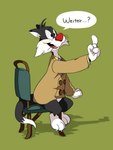 anthro chair claws clothed clothing coat furniture green_background happy male partially_clothed simple_background sitting smile solo suit topwear unknown_artist carrotblanca casablanca looney_tunes warner_brothers sylvester_(looney_tunes) domestic_cat felid feline felis mammal 3:4