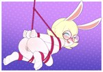 4_toes 5_fingers anthro anus arms_tied bent_legs blonde_hair blush bodily_fluids bound buckteeth butt drooling ejaculation eyewear feet female fingers fist fur genital_fluids genitals glasses hair happy legs_tied looking_at_viewer looking_back looking_back_at_viewer nipples one_eye_closed one_eye_half-closed open_mouth pussy pussy_ejaculation red_eyewear red_glasses red_rope rope saliva simple_background soles solo tail teeth toes vaginal_fluids white_background white_body white_fur young young_anthro young_female gi0 lagomorph leporid mammal rabbit 2025 english_description hi_res