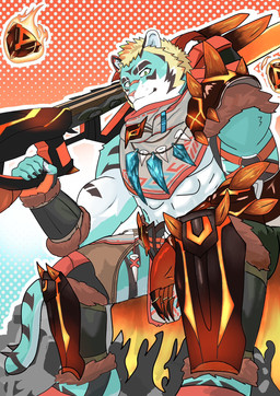 abs anthro armor blonde_hair blue_body blue_fur clothed clothing fur hair male melee_weapon muscular muscular_anthro skimpy solo striped_body striped_fur stripes sword unconvincing_armor weapon kami_soubi lifewonders live_a_hero rexer felid mammal pantherine tiger hi_res