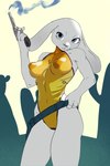 anthro blue_eyes breasts clothed clothing european female fur gun handgun leotard nipple_outline nipples ranged_weapon revolver solo weapon white_body white_fur yumemi13 disney zootopia judy_hopps lagomorph leporid mammal rabbit 2:3 absurd_res hi_res