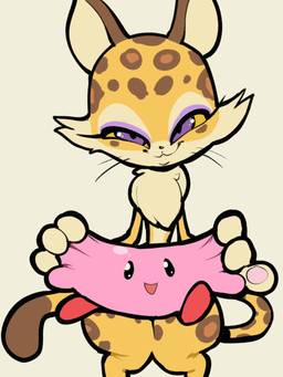 ambiguous_gender anthro countershading duo female front_view holding_character inanimate_transformation looking_at_viewer nude purple_eyes smile spots stretchy toony transformation whiskers itsunknownanon kirby_(series) kirby_and_the_forgotten_land nintendo clawroline kirby felid leopard mammal pantherine 2022 3:4 hi_res