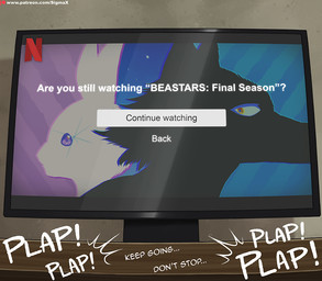 anthro dialogue electronics offscreen_sex onomatopoeia pink_eyes sound_effects television text yellow_eyes zero_pictured sigma_x beastars netflix haru_(beastars) legoshi_(beastars) canid canine canis lagomorph leporid mammal rabbit wolf 2026 english_text
