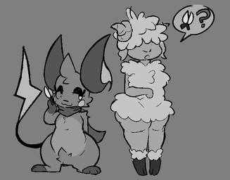 anthro big_ears duo female feral fur furniture horn long_ears male male/female oral pubes question_mark scissors size_difference speech_bubble standing tail wool_(fur) wool_hair gotbreaded nintendo pokemon rayi_(gotbreaded) bovid caprine generation_1_pokemon mammal pokemon_(species) raichu sheep digital_drawing_(artwork) digital_media_(artwork) monochrome