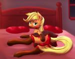 2014 applejack_(mlp) bed bedroom blonde_hair blush bodily_fluids bottomwear butt clothed clothing cutie_mark ear_piercing earth_pony equid equine female feral freckles friendship_is_magic fur furniture genital_fluids gloves green_eyes hair handwear hasbro hi_res horse inside legwear looking_at_viewer lying mammal my_little_pony on_bed on_side orange_body orange_fur panties piercing pillow pony pussy_juice_through_clothing skirt smile smokedpone solo stockings underwear upskirt vaginal_fluids wet wet_clothing wet_panties wet_underwear