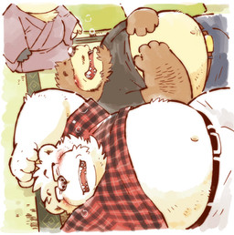 age_difference anthro asian_clothing beer_gut belt blush bottomwear carpet clothing drunk east_asian_clothing eyewear glasses group japanese_clothing lying male overweight pants shirt sleeping substance_intoxication topwear young young_anthro yukata garouzuki ken_(garouzuki) bear brown_bear mammal polar_bear ursine 2016