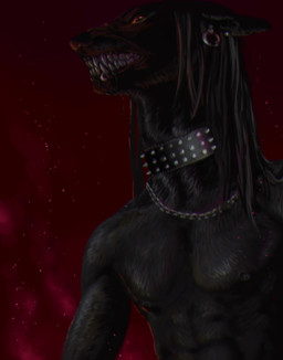 anthro black_body black_collar black_fur black_hair black_nipples black_nose chain_necklace collar ear_piercing ear_stud ears_back facial_piercing fur glistening glistening_eyes hair jewelry lip_piercing lip_ring long_hair long_neck male narrowed_eyes necklace nipples nude piercing pivoted_ears ring_piercing sharp_teeth simple_background solo spiked_collar spikes teeth unsigned himeragoldtail species_request 2017 absurd_res half-length_portrait hi_res portrait