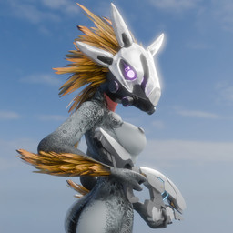 3_fingers anthro arm_feathers arm_tuft armor avian_caruncle breasts butt feather_hair feathered_crest feathers female fingers gas_mask glowing glowing_eyes grey_body grey_scales head_crest headgear headgear_only helmet helmet_only mask nipples non-mammal_breasts nude pink_eyes plasma_pistol pseudo_hair scales side_boob sky skyscape solo tuft yellow_body yellow_feathers synca pickle_juice_(modeler) halo_(series) microsoft xbox_game_studios syn_cah alien avian kig-yar scalie t'vaoan 1:1 3d_(artwork) colored digital_media_(artwork) hi_res