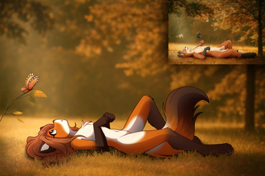 anthro belly biped black_nose detailed_background female forest fur looking_up lying markings nature nude on_back orange_body orange_fur outside picture_frame plant solo tail tail_markings tree white_belly wood zhorrito twokinds laura_(twokinds) arthropod butterfly canid canine fox insect lepidopteran mammal hi_res