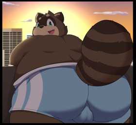 anthro balls_outline belly big_belly big_butt bottomwear brown_body building bulge butt clothing detailed_background detailed_bulge genital_outline hotpants kemono looking_at_viewer looking_back looking_back_at_viewer male outside overweight overweight_male shorts solo sunset tight_bottomwear tight_clothing tight_shorts kusosensei shoutaro canid canine mammal raccoon_dog tanuki 2023 hi_res