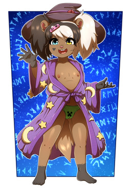 accessory anthro areola biped black_hair black_markings brown_body buckteeth camel_toe cheek_markings clothed clothing facial_markings female flat_chested front_view gloves_(marking) hair hair_accessory hairclip hat head_markings headgear headwear heart_(marking) heterochromia leg_markings magic magic_user markings multicolored_hair nipples open_mouth panties partially_clothed pink_eyes pink_nose robe socks_(marking) solo teeth tongue two_tone_hair underwear white_hair witch_hat yellow_eyes young young_anthro young_female gi0 ground_squirrel groundhog mammal marmot rodent sciurid 2026 absurd_res hi_res