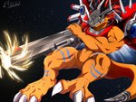 3_toes anthro armor biceps claws cybernetics feet gun_arm headgear helmet machine male muscular muscular_anthro orange_body railgun ranged_weapon solo toes weapon sh1ron2 bandai_namco digimon cyborg digimon_(species) rizegreymon scalie 4:3 absurd_res hi_res