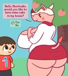 anthro big_breasts big_butt bottomwear breasts butt clothing dialogue duo female food fruit greeting huge_breasts huge_butt male miniskirt pink_body plant rear_view simple_background skirt slightly_chubby slightly_chubby_female strawberry text thick_thighs wide_hips nokamiwd animal_crossing nintendo merengue_(animal_crossing) villager_(animal_crossing) food_creature human mammal rhinoceros 2023 absurd_res colored digital_media_(artwork) english_text hi_res