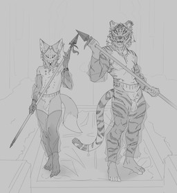 anthro balls clothing genitals harem_outfit jewelry male melee_weapon penis polearm solo spear translucent translucent_clothing weapon servali_sketch canid canine felid fox mammal pantherine tiger hi_res monochrome