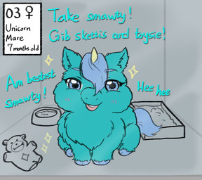 1_horn ambiguous_feral ambiguous_gender baby_talk blue_body blue_eyes blue_fur blue_hair blue_hooves blue_tail blush bowl container dialogue feces feral front_view fur hair hooves horn litter_box monotone_body monotone_fur open_mouth pet_bowl pet_food plushie sitting smile solo tail teddy_bear teeth text white_horn young young_ambiguous young_feral yellowcottoncandy030 fluffy_pony fluffy_pony_(species) mammal 2025 digital_media_(artwork) english_text hi_res