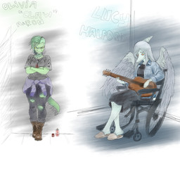 acoustic_guitar alternate_universe alternative_fashion angry anthro biped black_bottomwear black_clothing black_pants black_shirt black_skirt black_topwear blue_body blue_scales boots bottomwear breasts clenched_teeth clothed clothed_anthro clothed_female clothing crossed_arms denim denim_clothing denim_jacket denim_topwear disability duo feathered_wings feathers female fingers footwear front_view green_body green_hair green_scales grey_body grey_eyes grey_feathers grey_hair guitar hair happy holding_guitar holding_musical_instrument holding_object hoodie_around_waist humanoid_hands jacket jewelry long_hair looking_at_viewer looking_down markings medium_breasts medium_hair musical_instrument necklace open_clothing open_jacket open_topwear paint pants paraplegic playing_guitar playing_music plucked_string_instrument punk role_reversal scales shirt shoes sitting skirt slippers spray_paint standing string_instrument striped_markings stripes tail teeth text topwear torn_bottomwear torn_clothing torn_pants vehicle wheelchair wings yellow_sclera ryangoslinghorny cavemanon_studios goodbye_volcano_high i_wani_hug_that_gator ko_op_(game_developer) fang_(gvh) olivia_halford baryonyx dinosaur prehistoric_species pterosaur reptile saurischian scalie spinosaurid theropod 1:1 absurd_res character_name colored hi_res shaded