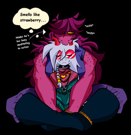 anthro bangs body_freckles boots bottomwear braided_hair braided_ponytail breasts clothed clothed_anthro clothing duo eyewear female femboy footwear freckled_shoulders freckles fur glasses hair horn jewelry long_bangs long_hair male male/female meditation messy_hair muscular muscular_anthro muscular_female one_eye_obstructed onomatopoeia pants pink_body pink_horn pink_scales poncho ponytail purple_body purple_hair purple_scales red_eyewear red_horn relaxing round_eyewear scales shirt shoes side_view simple_background sitting size_difference sleeveless_shirt sound_effects sunglasses swept_bangs tank_top text thought_bubble tinted_glasses topwear white_body white_fur xexeezy deltarune undertale_(series) ralsei susie_(deltarune) bovid caprine darkner dinosaur goat mammal monster prehistoric_species reptile scalie english_text