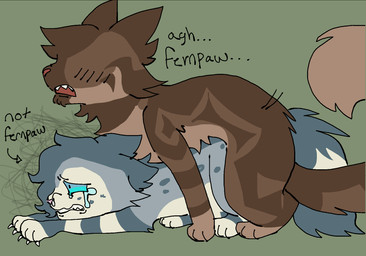 anal anal_penetration blue_eyes blush blush_lines bodily_fluids brown_body brown_fur claws countershading crying dialogue duo feral feral_on_feral forced fur grey_body grey_fur male male/male male_raped male_raping_male penetration rape runny_nose scribbles sex snot speckled_fur striped_body striped_fur stripes tears text thinking_about_another artienvy warriors_(book_series) ashfur_(thunderclan) dustpelt_(warriors) domestic_cat felid feline felis mammal english_text handwritten_text hi_res