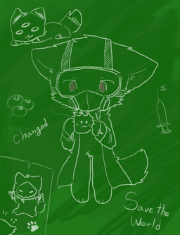 ambiguous_gender anthro blush chalkboard cloth cutlery food fork fruit fur information_board kitchen_utensils lying mask paws plant red_eyes standing syringe tangerine_(fruit) text tools young young_anthro chano changed_(video_game) dr._k_(changed) lin_(changed) puro_(changed) canid canine canis mammal wolf 2018 digital_media_(artwork) english_text hi_res