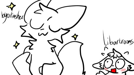 anthro big_eyes black_eyes blush duo fearful female female/female fur hair narcissistic nervous open_mouth simple_background star text white_background white_body white_fur white_hair young libartrooms byokasher_(character) libartrooms_(libartrooms) domestic_cat felid feline felis mammal 16:9 absurd_res english_text hi_res widescreen