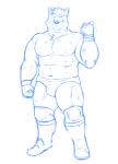 anthro bodily_fluids boots clothed clothing footwear male muscular muscular_anthro muscular_male navel nipples shoes solo sweat topless wrestling_briefs shiba-kenta kenta_shiba_(character) canid canine canis domestic_dog mammal shiba_inu spitz blue_and_white monochrome