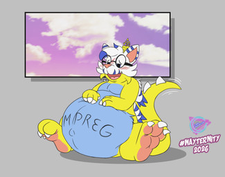 3_toes anthro belly_rub blush claws embarrassed eyewear feet glasses happy long_tail male male_anthro nude_anthro nude_male photo_background pregnant pregnant_male simple_background sitting soles solo tail tail_motion tailwag toe_claws toes lunamuenster bandai_namco digimon snowgabumon digimon_(species) gabumon snowgabumon_(species) hi_res mixed_media photography_(artwork)