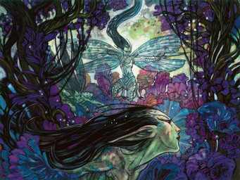 black_hair claws clothing flower group hair holding_melee_weapon holding_object holding_polearm holding_spear holding_weapon humanoid_pointy_ears insect_wings long_hair male melee_weapon not_furry plant pointy_ears polearm spear spread_wings weapon wings rebecca_guay hasbro magic:_the_gathering wizards_of_the_coast fairy humanoid official_art traditional_media_(artwork)