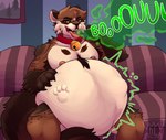 abdominal_bulge anthro belly_hair body_hair burping flexing_muscles male multiple_piercings musclegut muscular navel oral_vore overweight overweight_anthro overweight_male piercing rumbling_stomach solo squirming vore happiestlandfill miles_(milestheraccoon) mammal procyonid raccoon hi_res