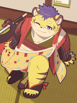 anthro asian_clothing blush clothing east_asian_clothing footwear fur hair japanese_clothing male one_eye_closed overweight purple_hair sandals shoes sitting solo striped_body striped_fur stripes wink yellow_body yellow_fur monimonidevil tamacolle kai_(tamacolle) felid mammal pantherine tiger 3:4 hi_res