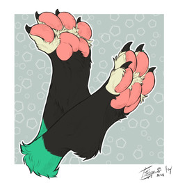 4_toes anthro barefoot black_body black_fur claws clothed clothing feet fluffy foot_shot fur green_body green_fur male pawpads paws pink_pawpads solo tan_body tan_fur toe_claws toes tatujapa zinnknorvier canid canine fennec_fox fox mammal true_fox 2024 absurd_res hi_res