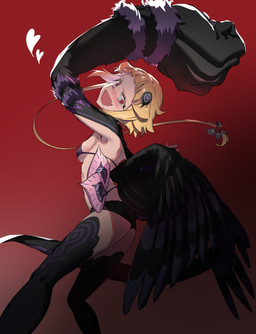 bedroom_eyes big_hands bikini bikini_top black_body black_feathers blonde_hair blush bottomwear butt clothing crazed_look cult cultist feathers female fur hair heart_symbol hotpants huge_hands looking_at_viewer narrowed_eyes seductive shorts solo swimwear tail transformation two-piece_swimsuit wings mmmtarbo_333 re:zero capella_emerada_lugunica changeling_(lorewise) chimera humanoid hi_res