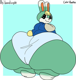 anthro big_butt black_eyes blonde_hair blue_background blue_bottomwear blue_clothing blue_jacket blue_shorts blue_topwear border bottomwear butt clothing dipstick_ears ear_markings eyelashes green_body green_ears hair huge_butt huge_thighs hyper hyper_butt jacket letterman_jacket looking_back male multicolored_ears obese obese_anthro obese_male orange_inner_ear orange_nose overweight overweight_anthro overweight_male scut_tail short_tail shorts simple_background smile solo tail text thick_thighs topwear white_border white_ear_tips yellow_tail boxmingle reathe third-party_edit animal_crossing nintendo sasha_(animal_crossing) lagomorph leporid mammal rabbit 2025 artist_name color_edit colored digital_media_(artwork) flat_colors hi_res