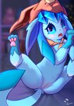 anthro blush female genitals pussy simple_background solo tail cyanglass nintendo pokemon canid canine eeveelution felid feline generation_4_pokemon glaceon mammal pokemon_(species) hi_res