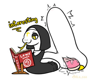 abdominal_bulge black_eyebrows black_eyeshadow blush blush_lines bodily_fluids book clothed clothing cross dildo eyebrows eyelashes eyeshadow female female_feral feral forehead_tattoo forked_tongue genital_fluids genitals habit headgear headwear long_tongue makeup motion_lines narrowed_eyes nun nun_habit nun_outfit partially_clothed penetration pink_dildo pupils reading religious_clothing scales sex_toy simple_background slit_pupils solo text tongue tongue_out vaginal vaginal_fluids vaginal_penetration vulva white_background white_body white_scales white_skin yellow_eyes yellow_tongue lasso_(artist) sunake reptile scalie snake artist_name english_text hi_res watermark
