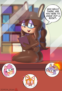 anthro bodily_fluids book breasts brown_body butt covering covering_breasts dialogue drooling eyeshadow eyewear female glasses green_eyes group hair heart_eyes heart_symbol librarian library makeup male nude nude_female orange_eyes ponytail saliva sitting speech_bubble tail zoron_b164 sega sonic_the_hedgehog_(series) amy_rose background_character blaze_the_cat miles_prower restoration_receptionist_(idw_sonic) canid canine domestic_cat eulipotyphlan felid feline felis fox hedgehog lagomorph leporid mammal rabbit absurd_res alternate_version_at_source hi_res