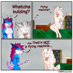 2_horns 3_panel_comic anthro bell bell_collar black_text blue_body blue_fur boat border closed_smile collar detailed_background dialogue duo femboy fluffy fur gesture grey_background hair hand_gesture holding_object horn instagram_logo looking_at_another male minecraft_block mouth_closed multicolored_body multicolored_fur narrowed_eyes navel open_mouth open_smile pink_body pink_collar pink_fur pink_hair pink_inner_ear pointing question_mark reddit_logo scut_tail short_tail simple_background sitting smile sparkles standing tail text twitter_logo vehicle watercraft white_body white_border white_fur lazylynxboy instagram microsoft minecraft minecraft_sheep_fucker mojang reddit twitter xbox_game_studios lazylynxboy_(character) bovid caprine felid feline lynx mammal sheep sheep_(minecraft) 1:1 2023 artist_name comic digital_media_(artwork) english_text hi_res meme