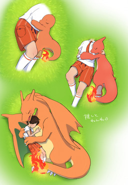 ambiguous_gender anthro biped blush brown_hair clothed clothing duo eyes_closed hair lying male on_back on_ground on_side orange_body red_body sleeping ingi nintendo pokemon charizard charmander charmeleon generation_1_pokemon human mammal pokemon_(species) 2023 hi_res