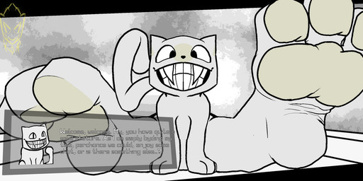 3_fingers 3_toes ambiguous_gender big_feet dialogue fangs fangs_over_teeth feet feral fingers fog foggy_background foot_focus grey_background huge_feet hyper hyper_feet insane looking_at_viewer low-angle_view on_ground pawpads paws plantigrade_pawpads question_mark simple_background sitting solo spread_legs spreading stated_height tail talking_feral talking_to_viewer teeth text toes white_body yellow_pawpads flushedspace off_(game) the_judge_(off) domestic_cat felid feline felis mammal digital_drawing_(artwork) digital_media_(artwork) monochrome