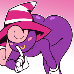 ambiguous_gender bent_over big_butt blush blush_stickers butt clothing eyeless gesture ghost_tail gloves gradient_background hair hand_to_face handwear hat headgear headwear legless lips not_furry outline pink_hair purple_body purple_skin simple_background smile solo white_clothing white_gloves white_handwear white_outline yellow_lips shameful-display mario_bros nintendo paper_mario vivian_(mario) ghost humanoid shadow_siren spirit 1:1 2019 digital_media_(artwork)